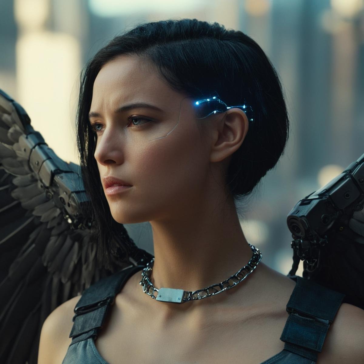 cinematic film still of  <lora:Cyberpunk Style:1>a woman with a large winged body and a chain around her neck,bionic,transhuman,Dystopia,Dystopian,kakotopia,Science fiction,high tech,low life,societal collapse,Artificial,Posthuman,future,futuristic,Artificial intelligence,Cyborg,genetically-enhanced humans,sci-fi,Cyberpunk Style,1girl,solo,black hair,wings,from side,lips,science fiction,realistic,nose,android,bandaid on face,cyborg,mechanical wings,cyberpunk,mechanical parts , Cyberpunk Style, shallow depth of field, vignette, highly detailed, high budget, bokeh, cinemascope, moody, epic, gorgeous, film grain, grainy