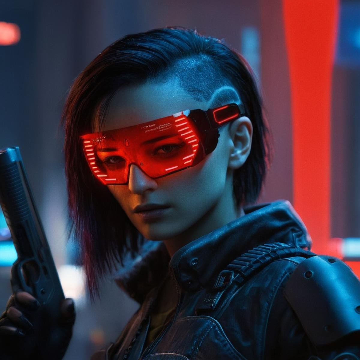 cinematic film still of  <lora:perfection style:0.3> <lora:detailed:0.1> <lora:Chiaroscuro Lighting Style:0.3> <lora:cyberpunk style v2:0.9> <lora:Cyberpunk Style:0.1>In Cyberpunk city a woman with a gun and an engraved cyberware glowing red light mask on,bionic,transhuman,Dystopia,Dystopian,kakotopia,Science fiction,high tech,low life,societal collapse,Artificial,Posthuman,future,futuristic,Artificial intelligence,Cyborg,genetically-enhanced humans,sci-fi,Cyberpunk Style,1girl,solo,black hair,holding,weapon,holding weapon,blurry,gun,blurry background,glowing,holding gun,rifle,science fiction,realistic,assault rifle,cyborg,cyberpunk,Cyberpunk Style , science fiction, futuristic setting, detailed background, dramatic light, dramatic shadow light, contrast, cinematic color, cinematic look, filmic, realistic, realism, perfection, perfect, different, cinematic, film, cinematography, artstation, Cyberpunk city style, Cyberpunk style, shallow depth of field, vignette, highly detailed, high budget, bokeh, cinemascope, moody, epic, gorgeous, film grain, grainy