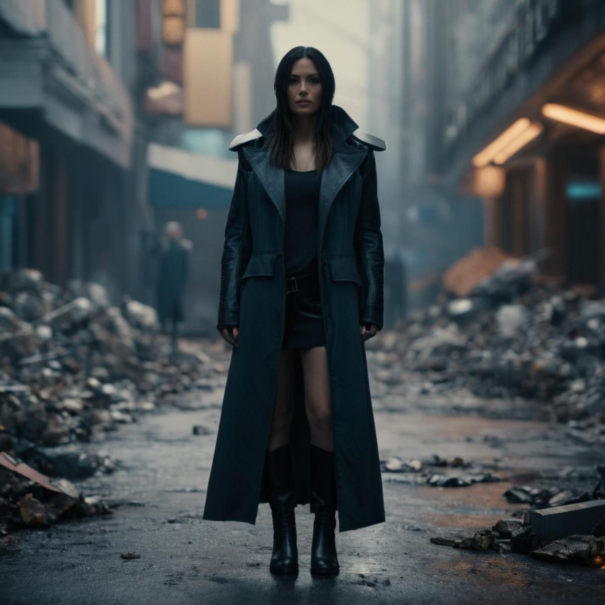 cinematic film still of  <lora:perfection style:0.1> <lora:detailed:0.1> <lora:Chiaroscuro Lighting Style:0.3> <lora:cyberpunk style v2:0.8> <lora:Cyberpunk Style:0.1>In Cyberpunk city a woman in a long coat and boots standing in front of a bunch of debris, shallow depth of field, vignette, highly detailed, high budget, bokeh, cinemascope, moody, epic, gorgeous, film grain, grainy