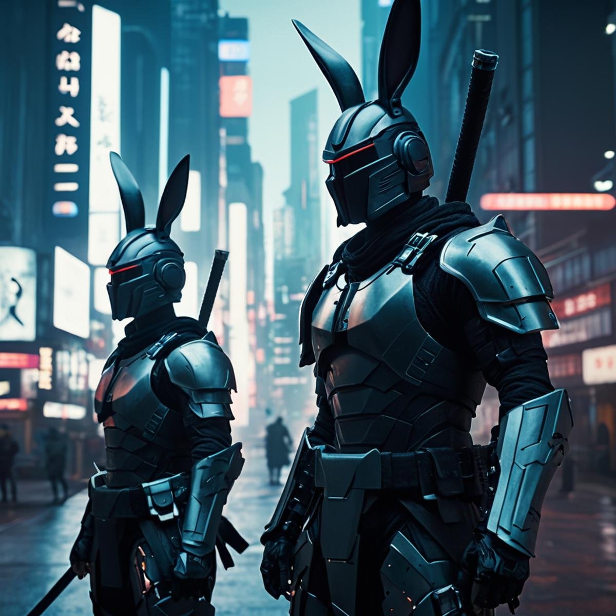 cinematic film still of <lora:cyberpunk style v3:1>In Cyberpunk city a couple of samurai people in armor with swords,bionic,transhuman,Dystopia,Dystopian,kakotopia,Science fiction,high tech,low life,societal collapse,Artificial,Posthuman,future,futuristic,Artificial intelligence,Cyborg,genetically-enhanced humans,sci-fi,Cyberpunk Style,1boy,holding,animal ears,standing,full body,weapon,male focus,sword,holding weapon,armor,rabbit ears,gradient,gradient background,multiple views,holding sword,katana,helmet,japanese armor,samurai,Cyberpunk Style , science fiction, futuristic setting, detailed background, dramatic light, dramatic shadow light, contrast, cinematic color, cinematic look, filmic, realistic, realism, perfection, perfect, different, cinematic, film, cinematography, artstation, Cyberpunk city style, Cyberpunk style, shallow depth of field, vignette, highly detailed, high budget, bokeh, cinemascope, moody, epic, gorgeous, film grain, grainy