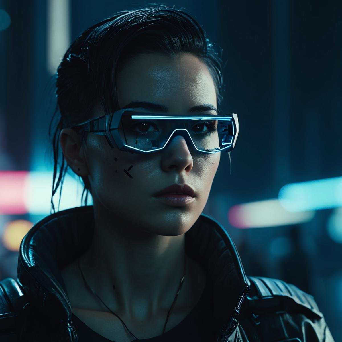 cinematic film still of <lora:cyberpunk style v3:1>In Cyberpunk city a woman with a broken head and a broken glasses,solo,looking at viewer,simple background,1boy,closed mouth,male focus,lips,black background,portrait,realistic,cyberpunk , science fiction, futuristic setting, detailed background, dramatic light, dramatic shadow light, contrast, cinematic color, cinematic look, filmic, realistic, realism, perfection, perfect, different, cinematic, film, cinematography, artstation, Cyberpunk city style, Cyberpunk style, shallow depth of field, vignette, highly detailed, high budget, bokeh, cinemascope, moody, epic, gorgeous, film grain, grainy