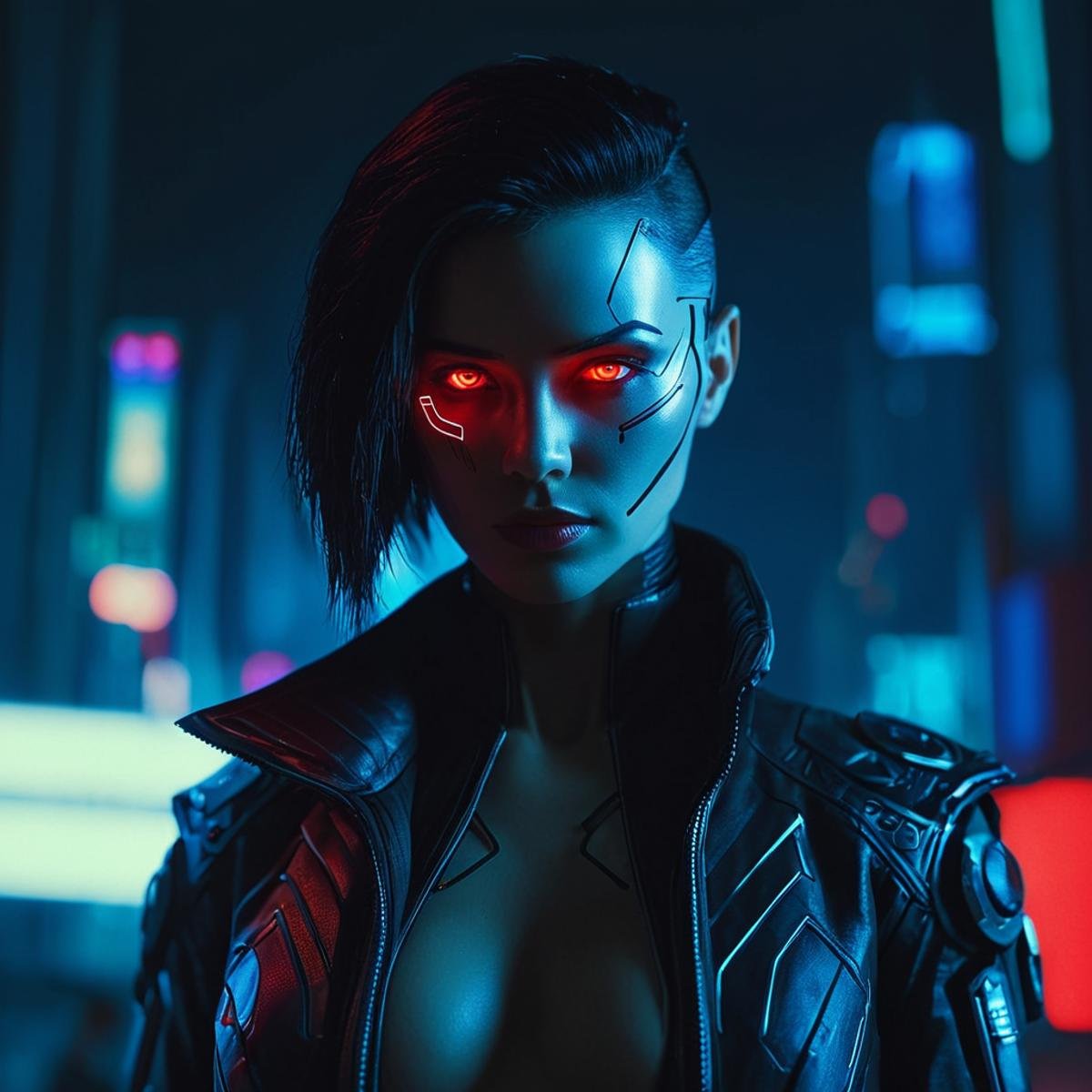 cinematic film still of <lora:cyberpunk style v3:1>In Cyberpunk city a woman with a red light on her masked face,bionic,transhuman,Dystopia,Dystopian,kakotopia,Science fiction,high tech,low life,societal collapse,Artificial,Posthuman,future,futuristic,Artificial intelligence,Cyborg,genetically-enhanced humans,sci-fi,Cyberpunk Style,1girl,solo,looking at viewer,black hair,red eyes,jacket,tattoo,glowing,glowing eyes,cyborg,cyberpunk,Cyberpunk Style , science fiction, futuristic setting, detailed background, dramatic light, dramatic shadow light, contrast, cinematic color, cinematic look, filmic, realistic, realism, perfection, perfect, different, cinematic, film, cinematography, artstation, Cyberpunk city style, Cyberpunk style, shallow depth of field, vignette, highly detailed, high budget, bokeh, cinemascope, moody, epic, gorgeous, film grain, grainy