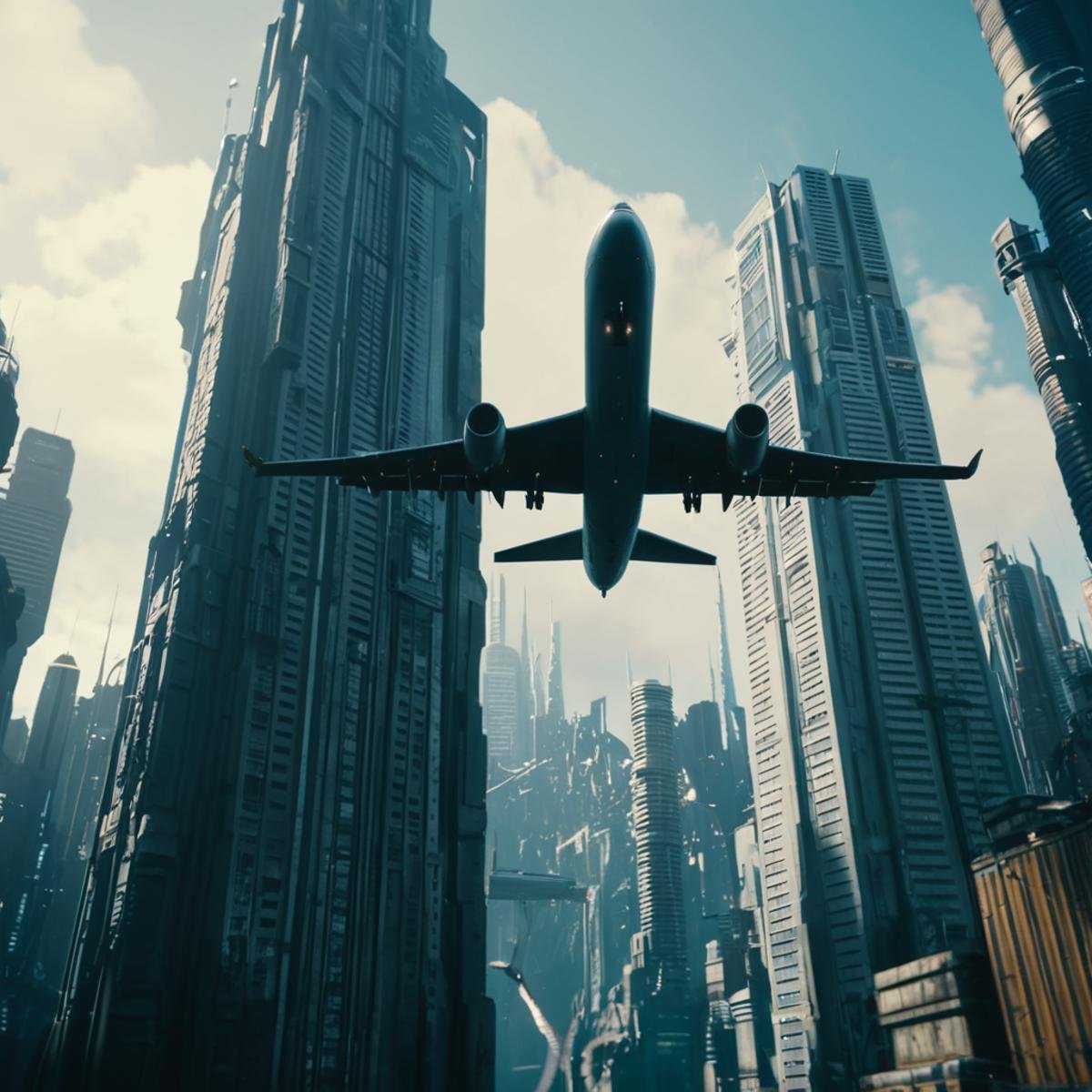 cinematic film still of <lora:cyberpunk style v3:1>From below, In Cyberpunk city a commercial plane flying through a city filled with tall buildings,bionic,transhuman,Dystopia,Dystopian,kakotopia,Science fiction,high tech,low life,societal collapse,Artificial,Posthuman,future,futuristic,Artificial intelligence,Cyborg,genetically-enhanced humans,sci-fi,Cyberpunk Style,outdoors,sky,day,bird,building,scenery,city,aircraft,airplane,cityscape,skyscraper,Cyberpunk Style , science fiction, futuristic setting, detailed background, dramatic light, dramatic shadow light, contrast, cinematic color, cinematic look, filmic, realistic, realism, perfection, perfect, different, cinematic, film, cinematography, artstation, Cyberpunk city style, Cyberpunk style, shallow depth of field, vignette, highly detailed, high budget, bokeh, cinemascope, moody, epic, gorgeous, film grain, grainy