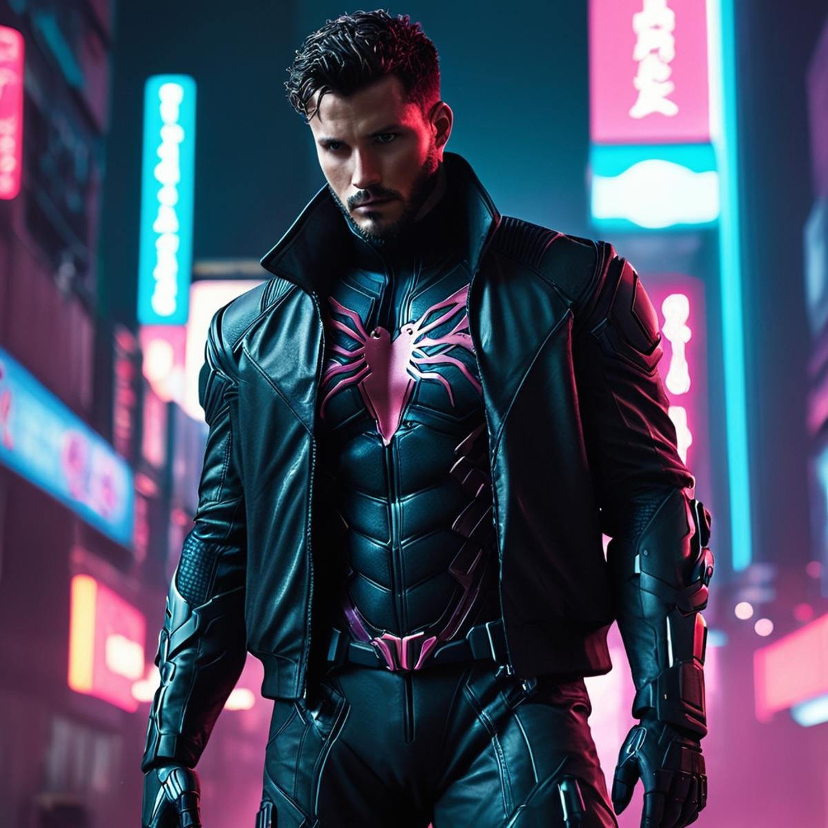 cinematic film still of <lora:cyberpunk style v3:1>In Cyberpunk city a venom in a suit with a coat and pants,bionic,transhuman,Dystopia,Dystopian,kakotopia,Science fiction,high tech,low life,societal collapse,Artificial,Posthuman,future,futuristic,Artificial intelligence,Cyborg,genetically-enhanced humans,sci-fi,Cyberpunk Style,solo,1boy,jacket,male focus,pants,black jacket,pink background,science fiction,Cyberpunk Style , science fiction, futuristic setting, detailed background, dramatic light, dramatic shadow light, contrast, cinematic color, cinematic look, filmic, realistic, realism, perfection, perfect, different, cinematic, film, cinematography, artstation, Cyberpunk city style, Cyberpunk style, shallow depth of field, vignette, highly detailed, high budget, bokeh, cinemascope, moody, epic, gorgeous, film grain, grainy