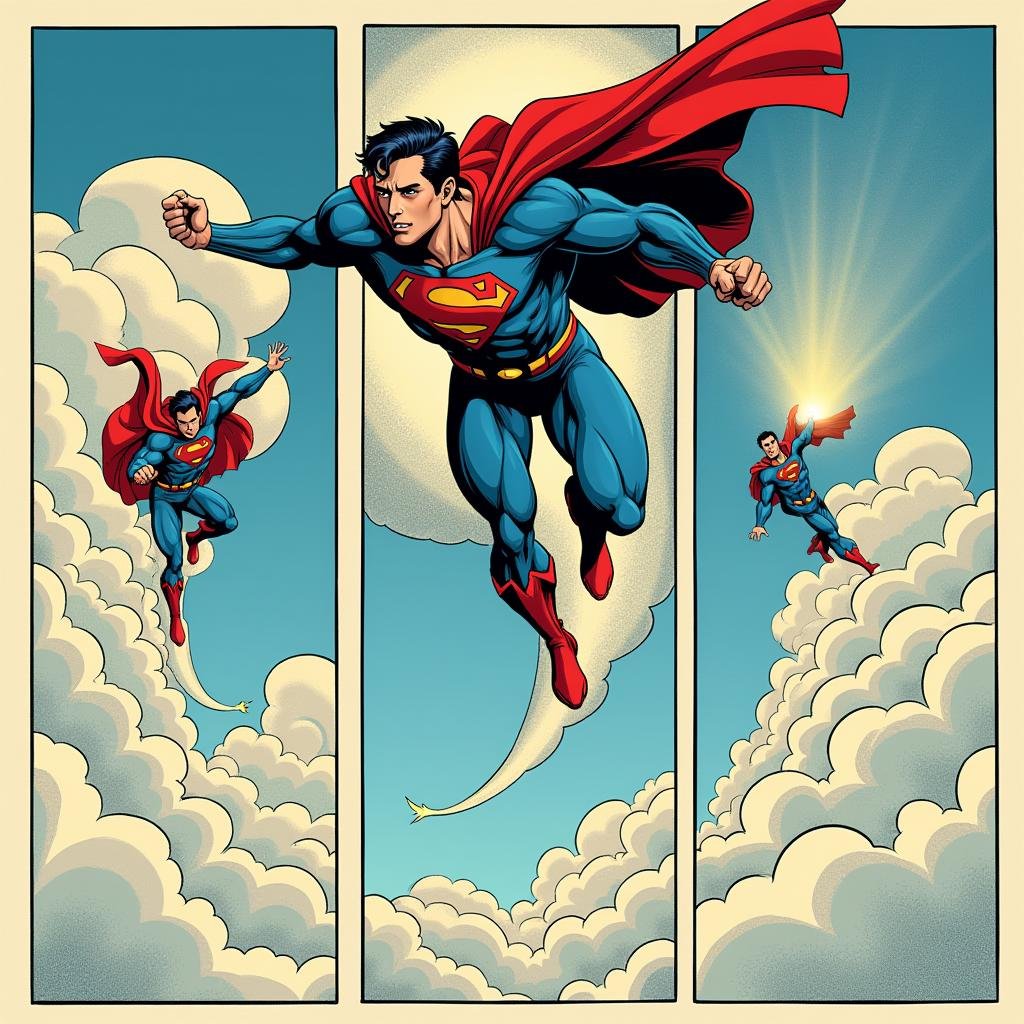 <lora:comicbook style v1:1>a comic book page Panels of superman flying in sky comicbook style