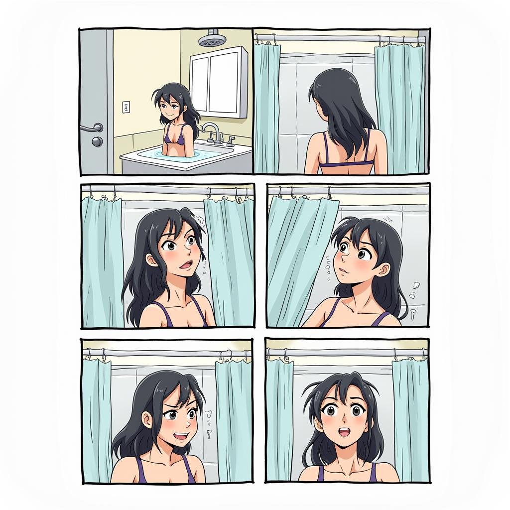 <lora:comicbook style v1:1>a comic book strip page with sequential images of a cartoon of a woman in a shower, comic page, anime, manga, cartoon, comicbook style