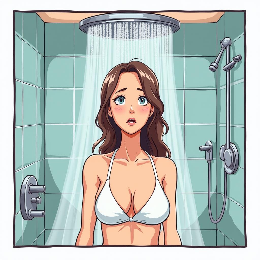 <lora:comicbook style v1:1>a comic book strip page of a cartoon of a woman in a shower, comic page, anime, manga, cartoon, comicbook style