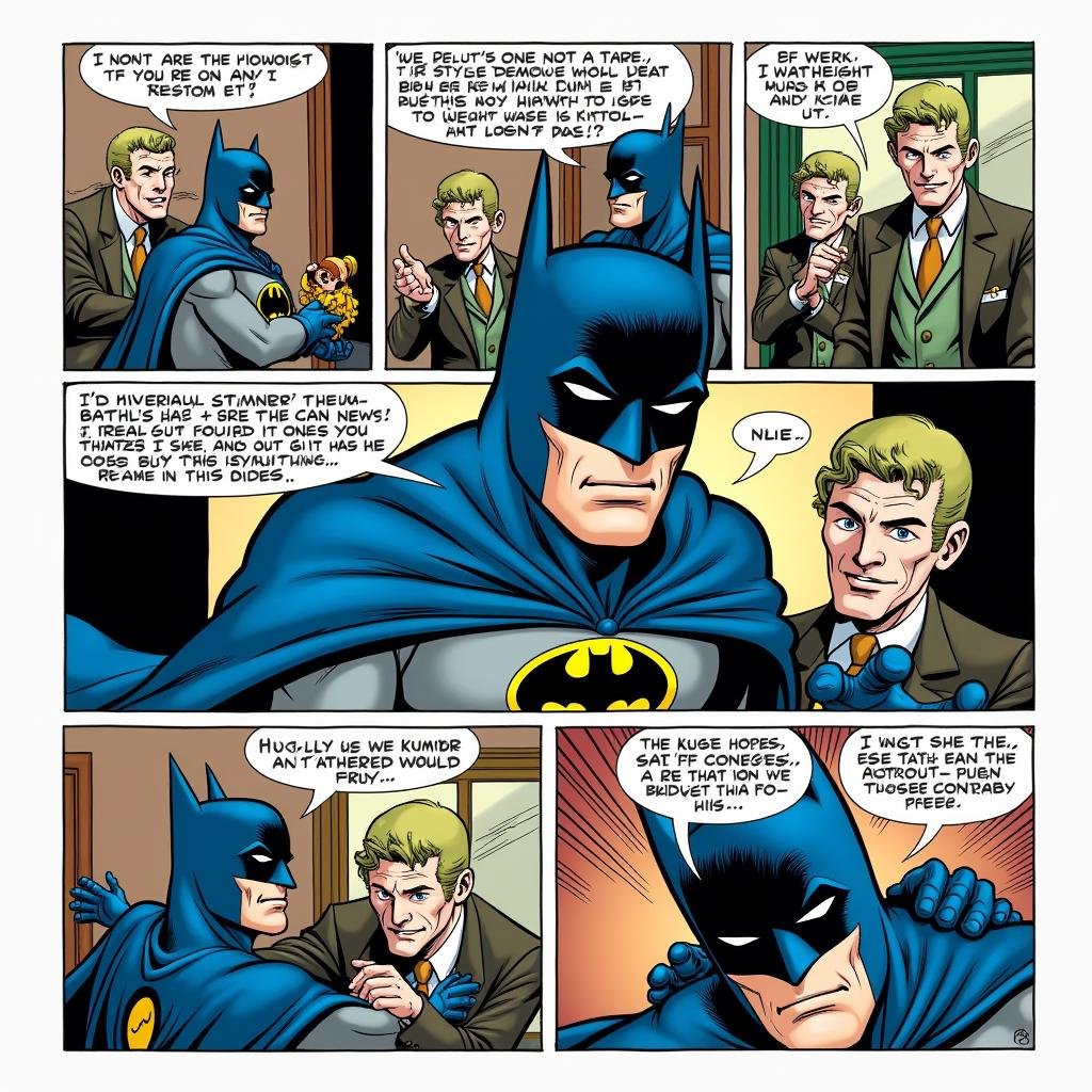 comic book art of  <lora:comicbook style v1:1>A comic strip of batman a sequence of cartoons, arranged in interrelated panels to display brief humor between him and the joker, serialized, with text in balloons and captions., comic art, graphic novel illustration