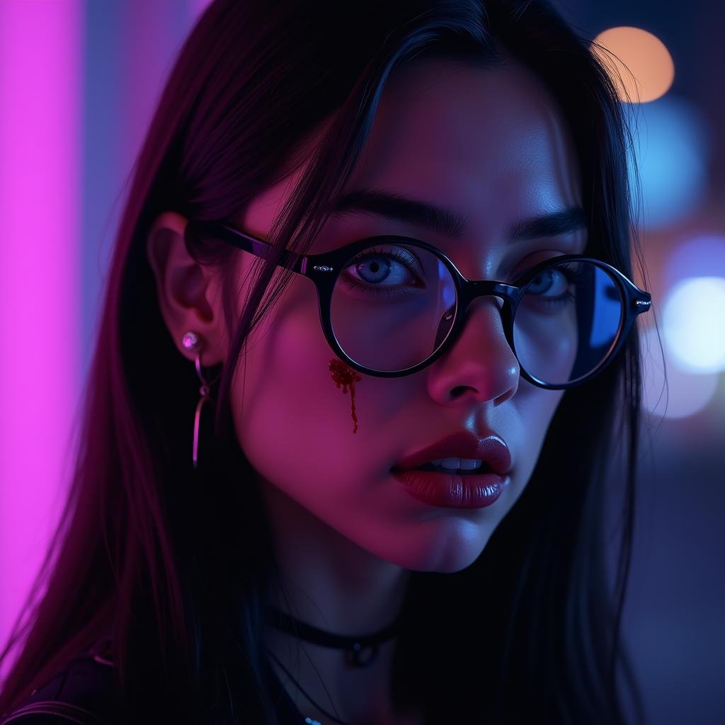 UHD, 4k, ultra detailed, cinematic, a photograph of  <lora:cyberpunk style v1:0.9>In cyberpunk style, sharp detailed cinematic image, science fiction style, sci fi movie themed, film contrast:1, perfection style, In Cyberpunk city a woman with glasses and a purple background, 1girl, solo, looking at viewer, blue eyes, jewelry, earrings, glasses, blurry, lips, blood, portrait, blood on face, realistic, nose, round eyewear, nosebleed, blood from mouth, cyberpunk, science fiction, futuristic setting, detailed background, dramatic light, dramatic shadow light, contrast, cinematic color, cinematic look, filmic, realistic, realism, perfection, perfect, different, cinematic, film, cinematography, artstation, Cyberpunk city style, Cyberpunk style, long hair, closed mouth, artist name, blurry background, epic, beautiful lighting, inpsiring