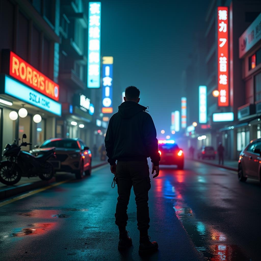 UHD, 4k, ultra detailed, cinematic, a photograph of  <lora:cyberpunk style v1:1>In cyberpunk style, sharp detailed cinematic image, science fiction style, sci fi movie themed, film contrast:1, perfection style, In Cyberpunk city a man standing in the middle of a city at night, bionic, transhuman, Dystopia, Dystopian, kakotopia, Science fiction, high tech, low life, societal collapse, Artificial, Posthuman, future, futuristic, Artificial intelligence, Cyborg, genetically-enhanced humans, sci-fi, Cyberpunk Style, 1boy, standing, weapon, outdoors, from behind, night, ground vehicle, building, scenery, motor vehicle, science fiction, city, sign, car, road, motorcycle, street, road sign, cyberpunk, neon lights, truck, Cyberpunk Style, science fiction, futuristic setting, detailed background, dramatic light, dramatic shadow light, contrast, cinematic color, cinematic look, filmic, realistic, realism, perfection, perfect, different, cinematic, film, cinematography, artstation, Cyberpunk city style, Cyberpunk style, jacket, male focus, multiple boys, pants, vehicle focus, police, police car, epic, beautiful lighting, inpsiring