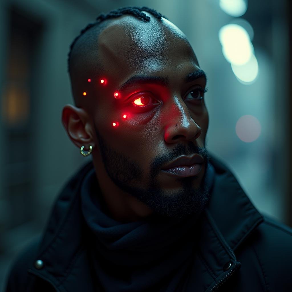 UHD, 4k, ultra detailed, cinematic, a photograph of  <lora:cyberpunk style v1:0.9>In cyberpunk style, sharp detailed cinematic image, science fiction style, sci fi movie themed, film contrast:1, perfection style, In Cyberpunk city a man with a weird looking head and a cyberware red light engraved on his face, solo, 1boy, jewelry, male focus, earrings, glowing, facial hair, dark-skinned male, portrait, glowing eyes, beard, science fiction, realistic, bald, cyborg, cyberpunk, science fiction, futuristic setting, detailed background, dramatic light, dramatic shadow light, contrast, cinematic color, cinematic look, filmic, realistic, realism, perfection, perfect, different, cinematic, film, cinematography, artstation, Cyberpunk city style, Cyberpunk style, scarf, glowing eye, epic, beautiful lighting, inpsiring