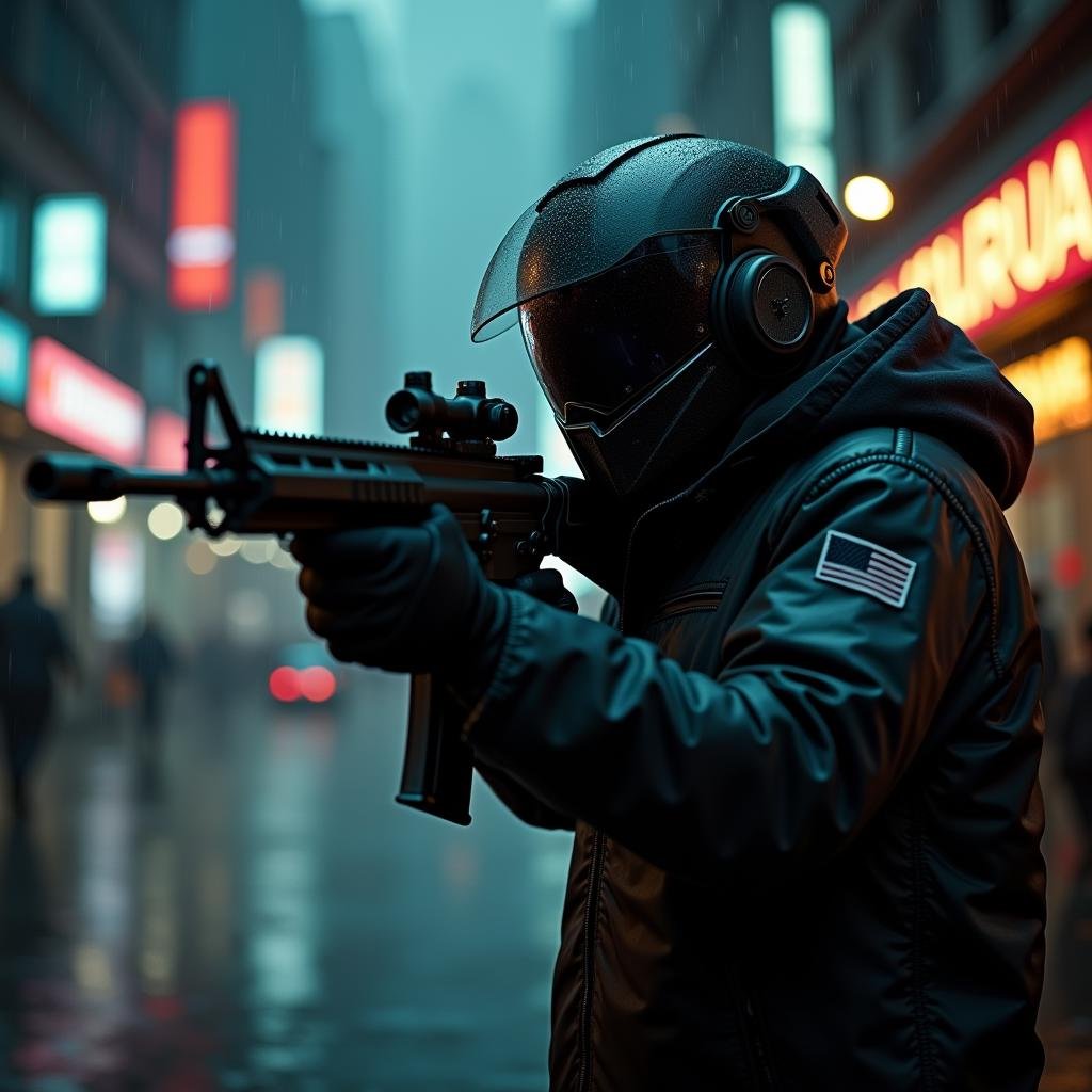 cinematic film still of  <lora:cyberpunk style v1:1>In cyberpunk style, sharp detailed cinematic image, science fiction style, sci fi movie themed, film contrast:1, perfection style, In Cyberpunk city a man in a helmet and a helmet holding a gun, bionic, transhuman, Dystopia, Dystopian, kakotopia, Science fiction, high tech, low life, societal collapse, Artificial, Posthuman, future, futuristic, Artificial intelligence, Cyborg, genetically-enhanced humans, sci-fi, Cyberpunk Style, solo, 1boy, jacket, weapon, male focus, gun, helmet, rifle, science fiction, rain, realistic, assault rifle, cyberpunk, Cyberpunk Style, science fiction, futuristic setting, detailed background, dramatic light, dramatic shadow light, contrast, cinematic color, cinematic look, filmic, realistic, realism, perfection, perfect, different, cinematic, film, cinematography, artstation, Cyberpunk city style, Cyberpunk style, upper body, blurry, armor, shallow depth of field, vignette, highly detailed, high budget, bokeh, cinemascope, moody, epic, gorgeous, film grain, grainy