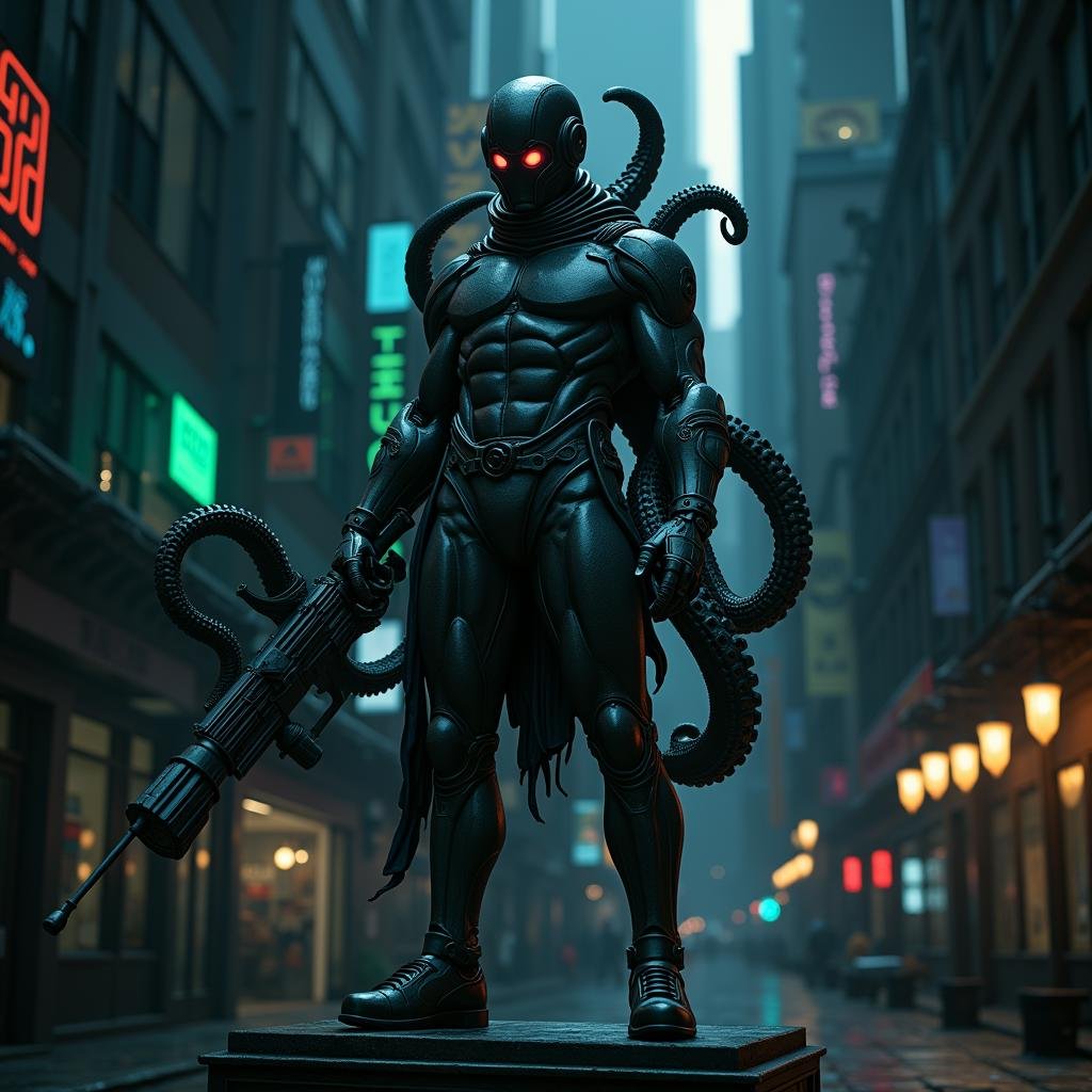 UHD, 4k, ultra detailed, cinematic, a photograph of  <lora:cyberpunk style v1:1>In cyberpunk style, sharp detailed cinematic image, science fiction style, sci fi movie themed, film contrast:1, perfection style, In Cyberpunk city a statue of a man with a giant octopus like body, bionic, transhuman, Dystopia, Dystopian, kakotopia, Science fiction, high tech, low life, societal collapse, Artificial, Posthuman, future, futuristic, Artificial intelligence, Cyborg, genetically-enhanced humans, sci-fi, Cyberpunk Style, solo, standing, weapon, gun, no humans, glowing, robot, mecha, science fiction, alien, Cyberpunk Style, science fiction, futuristic setting, detailed background, dramatic light, dramatic shadow light, contrast, cinematic color, cinematic look, filmic, realistic, realism, perfection, perfect, different, cinematic, film, cinematography, artstation, Cyberpunk city style, Cyberpunk style, black background, dark, epic, beautiful lighting, inpsiring