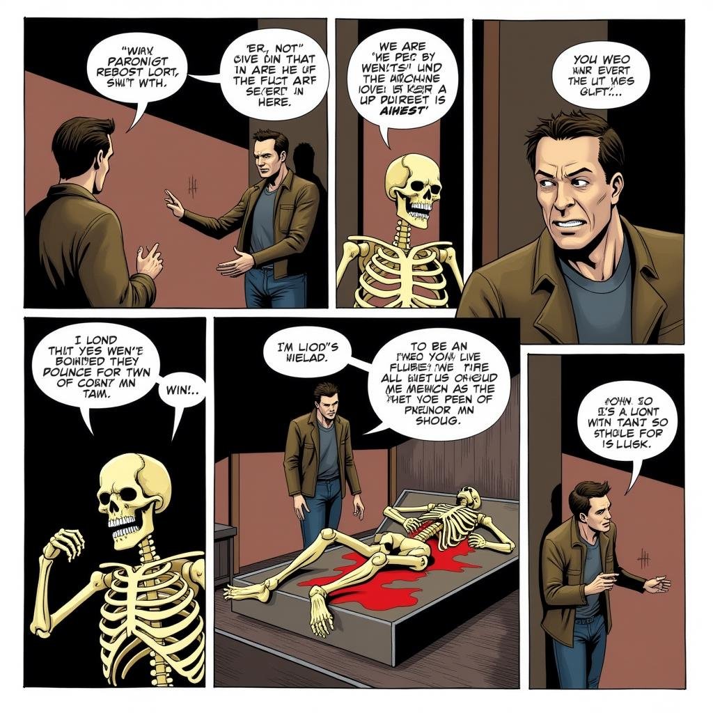 comic book art of  <lora:comic strip style v2:1>A comic strip style of a sequence of cartoons, arranged in interrelated panels to display brief humor or form a narrative, often serialized, with text in balloons and captions. a comic strip with a man and a skeleton, anime, manga, cartoon, animation, comic strip style, 1boy, jacket, comic, male focus, indoors, speech bubble, english text, blood, skeleton, death, corpse, comic art, graphic novel illustration