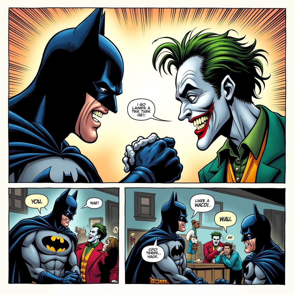 comic book art of  <lora:comic strip style v2:1>A comic strip style of batman vs joker in sequence of cartoons, arranged in interrelated panels , comic art, graphic novel illustration