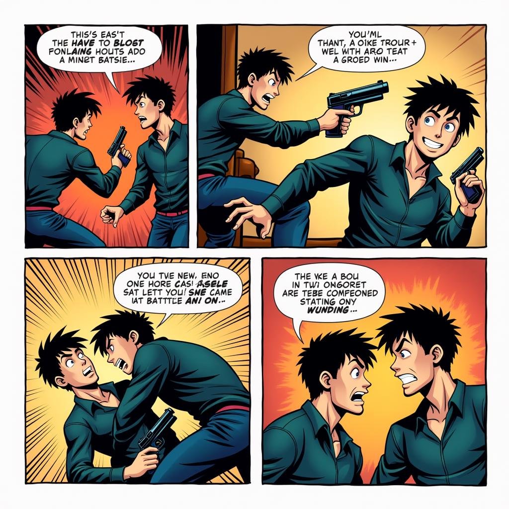 comic book art of  <lora:comic strip style v2:1>A comic strip style of a sequence of cartoons, arranged in interrelated panels to display brief humor or form a narrative, often serialized, with text in balloons and captions. a comic strip with a man holding a gun, anime, manga, cartoon, animation, comic strip style, weapon, comic, male focus, multiple boys, 2boys, english text, blood, battle, punching, comic art, graphic novel illustration