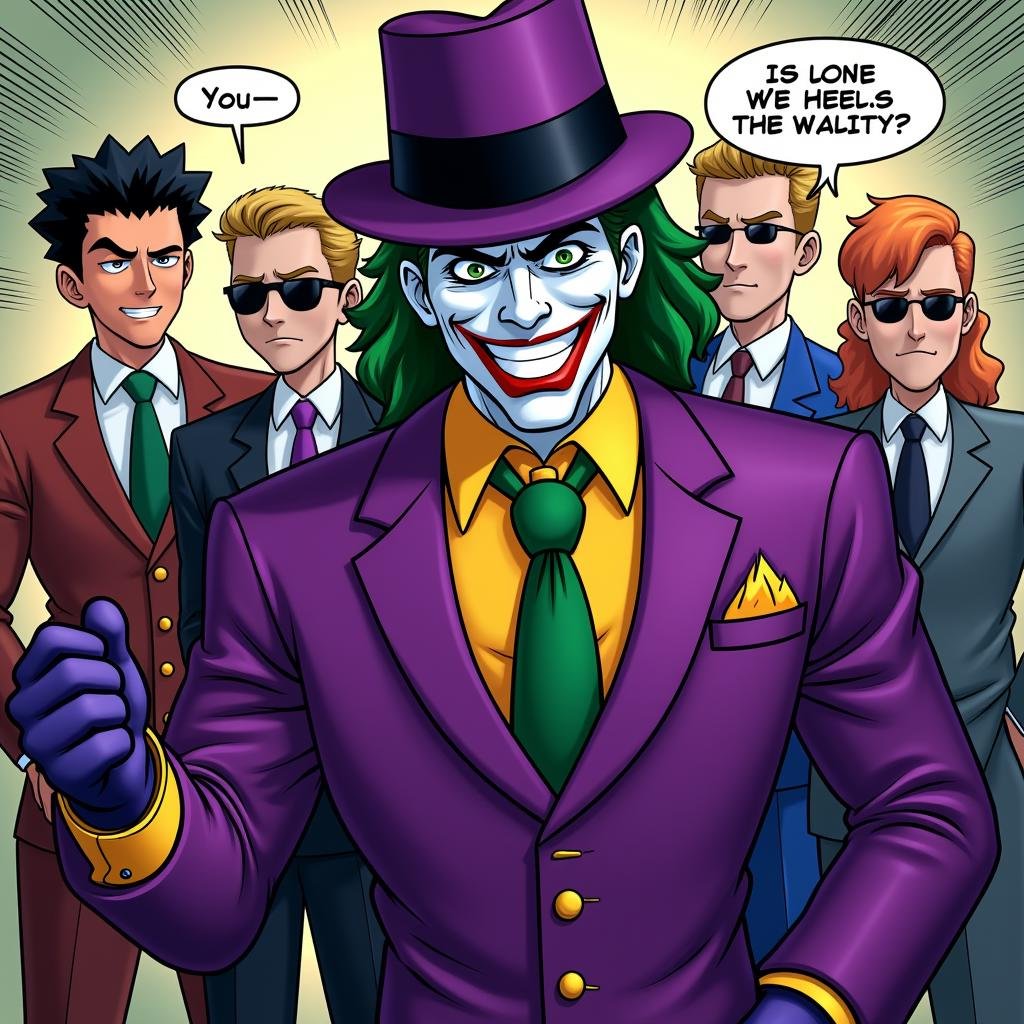 UHD, 4k, ultra detailed, cinematic, a photograph of  <lora:comic strip style v2:1>A comic strip style of a sequence of cartoons, arranged in interrelated panels to display brief humor or form a narrative, often serialized, with text in balloons and captions. a comic strip with a joker in a purple suit, anime, manga, cartoon, animation, comic strip style, smile, gloves, hat, comic, male focus, green hair, multiple boys, glasses, 2boys, english text, formal, sunglasses, 3boys, suit, classic joker styl, epic, beautiful lighting, inpsiring