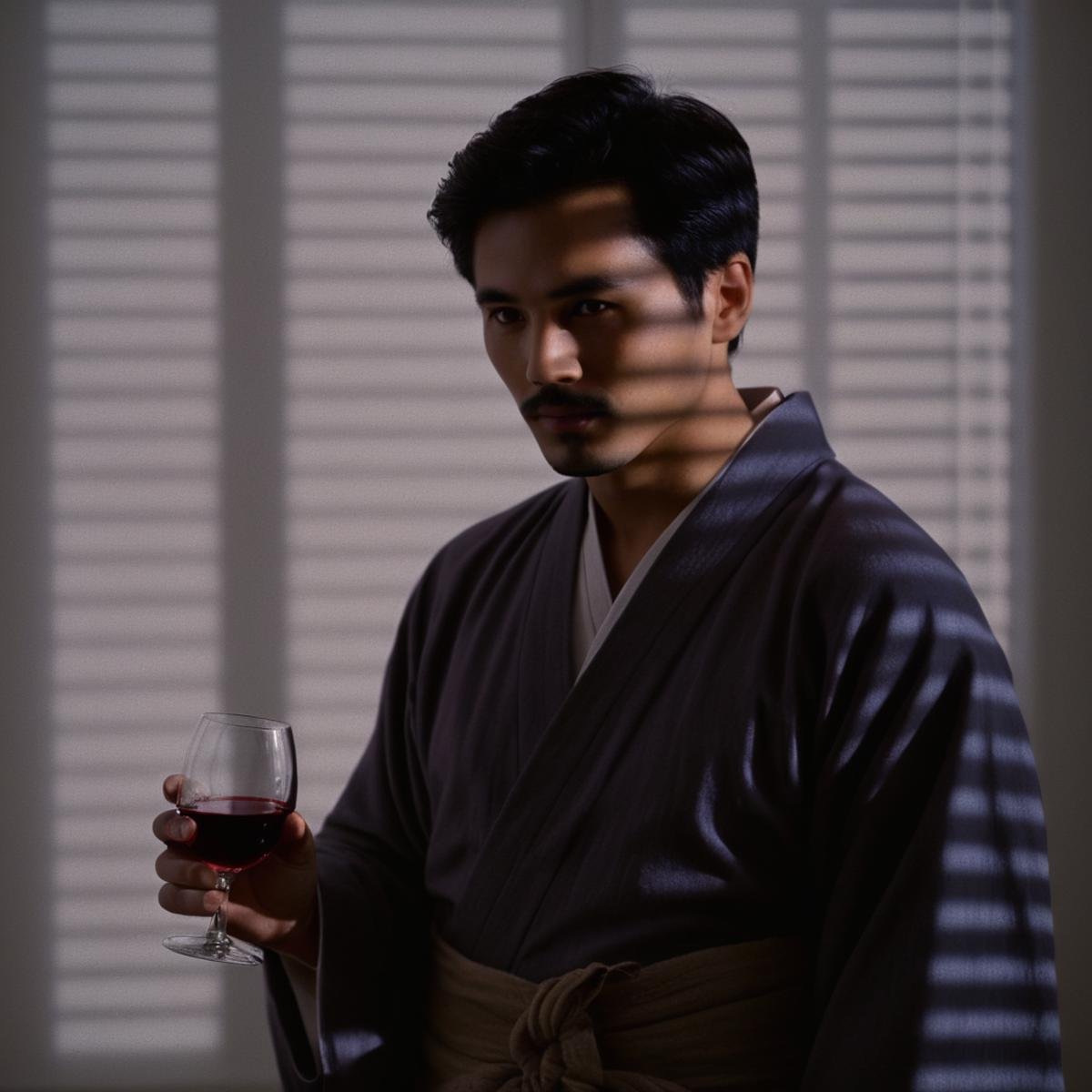 cinematic film still of  <lora:casting shadow style:1> <lora:Chiaroscuro Lighting Style:1>A cucoloris patterned illumination casting a shadow on a man drinking a glass of wine in a dark room,solo,black hair,long sleeves,1boy,holding,upper body,male focus,japanese clothes,hand up,kimono,facial hair,drinking,dark,cinematic,film,filmic,casting shadow,venetian blinds casting shadow light,shadow on face,face partially covered in shadow,different shadow,window casting shadow light,cinematography,detailed,detailed background,detailed face,high quality,8k,cuculoris,kookaloris,cookaloris or cucalorus,light modifier,different light pattern,creative light,unique shadow , casting shadow style, shallow depth of field, vignette, highly detailed, high budget, bokeh, cinemascope, moody, epic, gorgeous, film grain, grainy