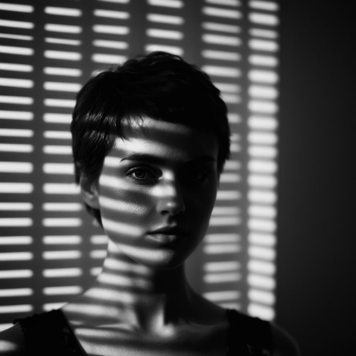 cinematic film still of  <lora:casting shadow style:1>A cucoloris patterned illumination casting a shadow on a woman with a shadow on her face,1girl,solo,looking at viewer,short hair,simple background,monochrome,upper body,greyscale,grey background,mole,hair over one eye,messy hair,portrait,cinematic,film,filmic,casting shadow,venetian blinds casting shadow light,shadow on face,face partially covered in shadow,different shadow,window casting shadow light,cinematography,detailed,detailed background,detailed face,high quality,8k,cuculoris,kookaloris,cookaloris or cucalorus,light modifier,different light pattern,creative light,unique shadow , casting shadow style, shallow depth of field, vignette, highly detailed, high budget, bokeh, cinemascope, moody, epic, gorgeous, film grain, grainy