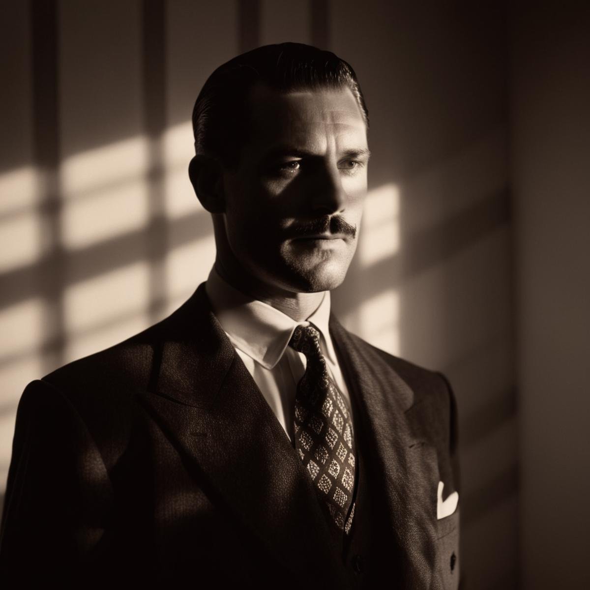 cinematic film still of  <lora:casting shadow style v2:1>A cucoloris patterned illumination casting a diagonal shadow on a 1940'sman in a suit and tie standing in a room , casting shadow style, shallow depth of field, vignette, highly detailed, high budget, bokeh, cinemascope, moody, epic, gorgeous, film grain, grainy