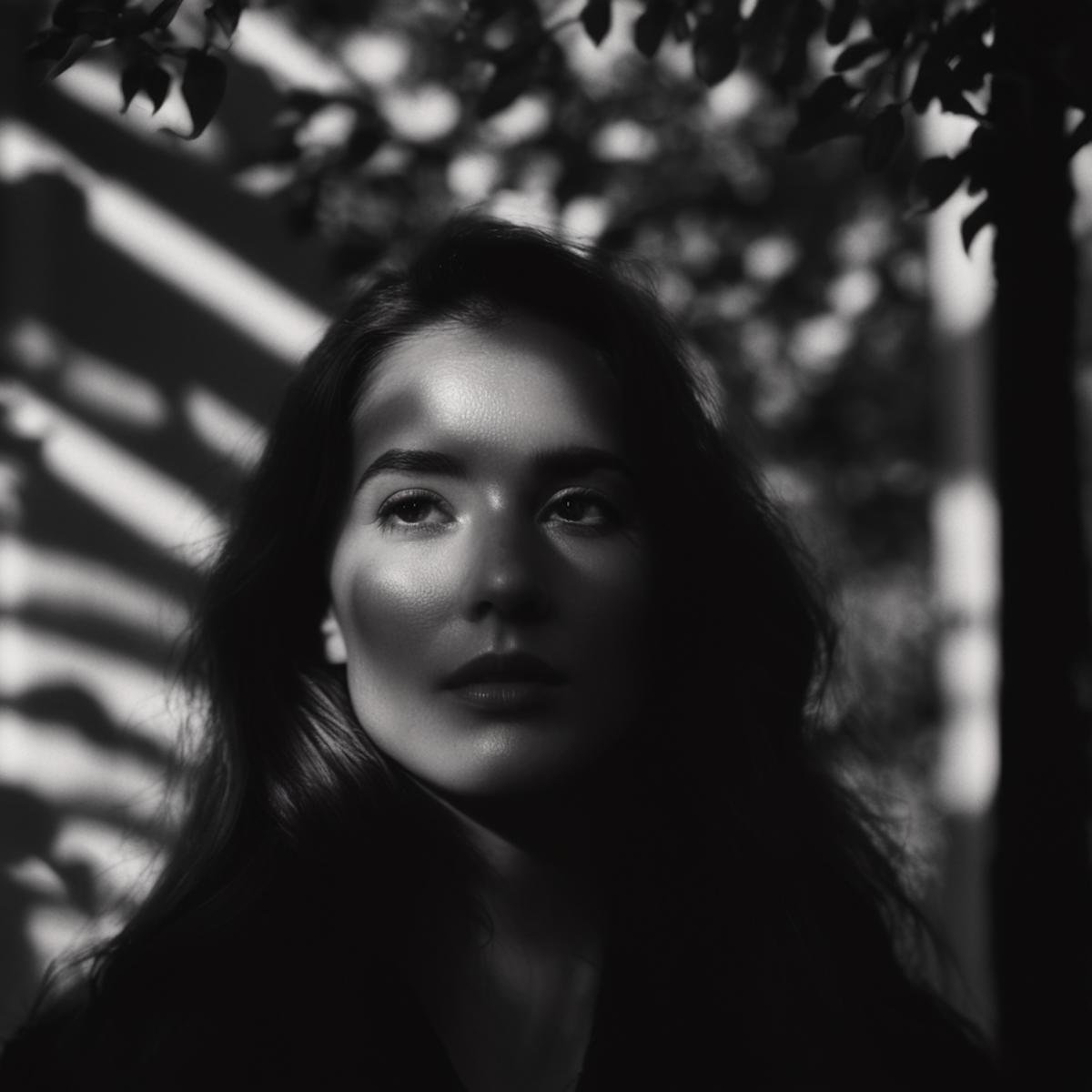 cinematic film still of  <lora:casting shadow style v2:1>A cucoloris patterned illumination casting a tree branch shadow on a modeling woman with long hair standing in front of a tree,1girl,solo,long hair,monochrome,upper body,greyscale,blurry,lips,depth of field,blurry background,realistic,nose,cinematic,film,filmic,casting shadow,venetian blinds casting shadow light,shadow on face,face partially covered in shadow,different shadow,window casting shadow light,cinematography,detailed,detailed background,detailed face,high quality,8k,cuculoris,kookaloris,cookaloris or cucalorus,light modifier,different light pattern,creative light,unique shadow , casting shadow style, shallow depth of field, vignette, highly detailed, high budget, bokeh, cinemascope, moody, epic, gorgeous, film grain, grainy