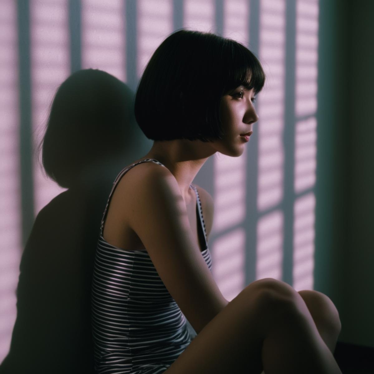 cinematic film still of  <lora:casting shadow style v2:1>A cucoloris patterned illumination casting a horizontal shadow on a woman sitting on a ledge in a room,1girl,solo,short hair,black hair,bare shoulders,tank top,knee up,retro artstyle,dark,1990s (style),kusanagi motoko,cinematic,film,filmic,casting shadow,venetian blinds casting shadow light,shadow on face,face partially covered in shadow,different shadow,window casting shadow light,cinematography,detailed,detailed background,detailed face,high quality,8k,cuculoris,kookaloris,cookaloris or cucalorus,light modifier,different light pattern,creative light,unique shadow , casting shadow style, a scene from an anime manga film, shallow depth of field, vignette, highly detailed, high budget, bokeh, cinemascope, moody, epic, gorgeous, film grain, grainy