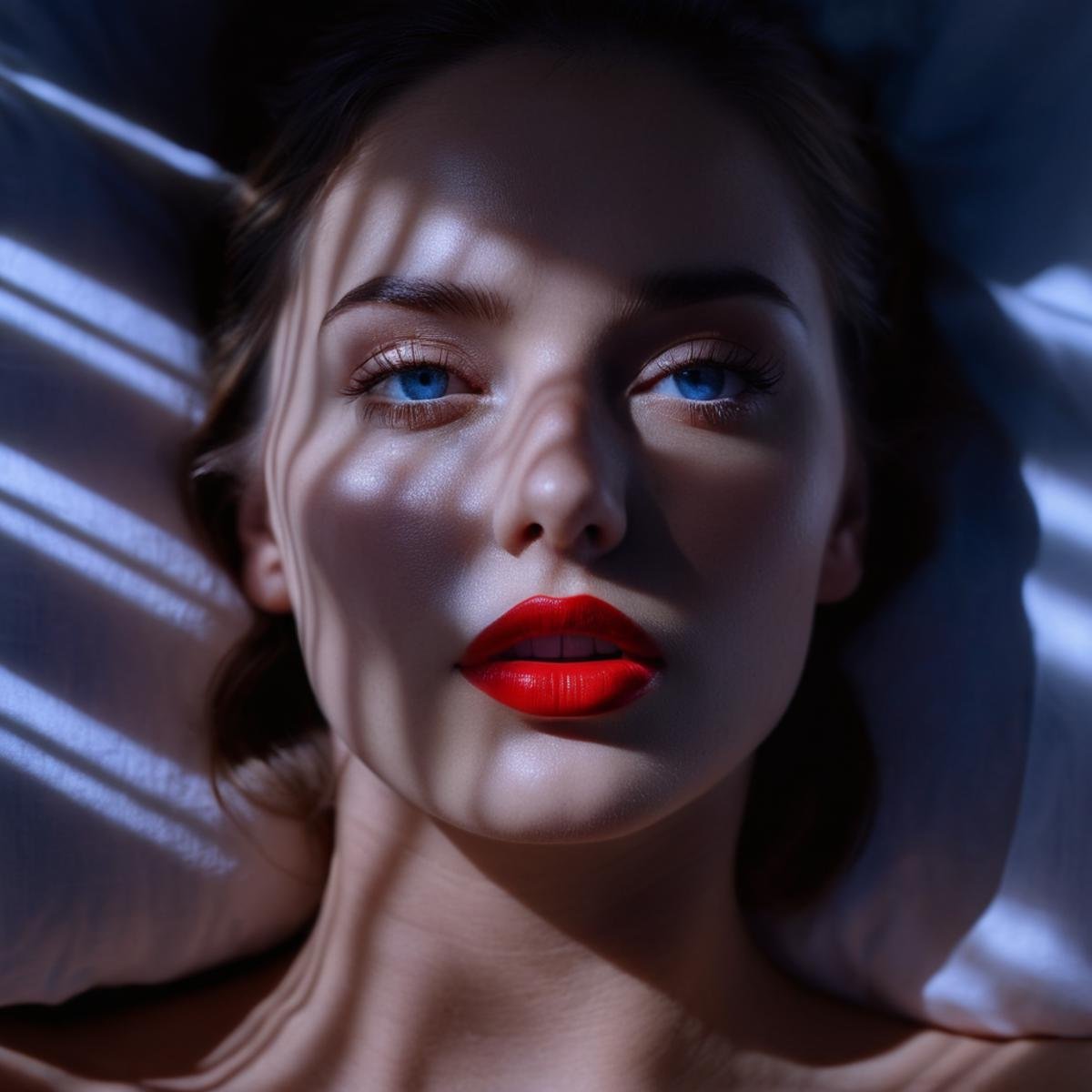 breathtaking,  <lora:casting shadow style v2:1>From above, A cucoloris patterned illumination casting a window shadow on a red lips woman laying in bed with her head on her hands,1girl,solo,blue eyes,lying,parted lips,on back,blurry,realistic,cinematic,film,filmic,casting shadow,venetian blinds casting shadow light,shadow on face,face partially covered in shadow,different shadow,window casting shadow light,cinematography,detailed,detailed background,detailed face,high quality,8k,cuculoris,kookaloris,cookaloris or cucalorus,light modifier,different light pattern,creative light,unique shadow , casting shadow style, award-winning, professional, highly detailed