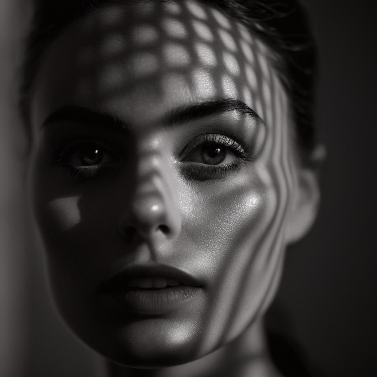 cinematic film still of  <lora:casting shadow style v2:1>A cucoloris patterned illumination casting a a unique custom small triangle shape shadow on a modeling woman with a black and white image of her face, casting shadow style, shallow depth of field, vignette, highly detailed, high budget, bokeh, cinemascope, moody, epic, gorgeous, film grain, grainy