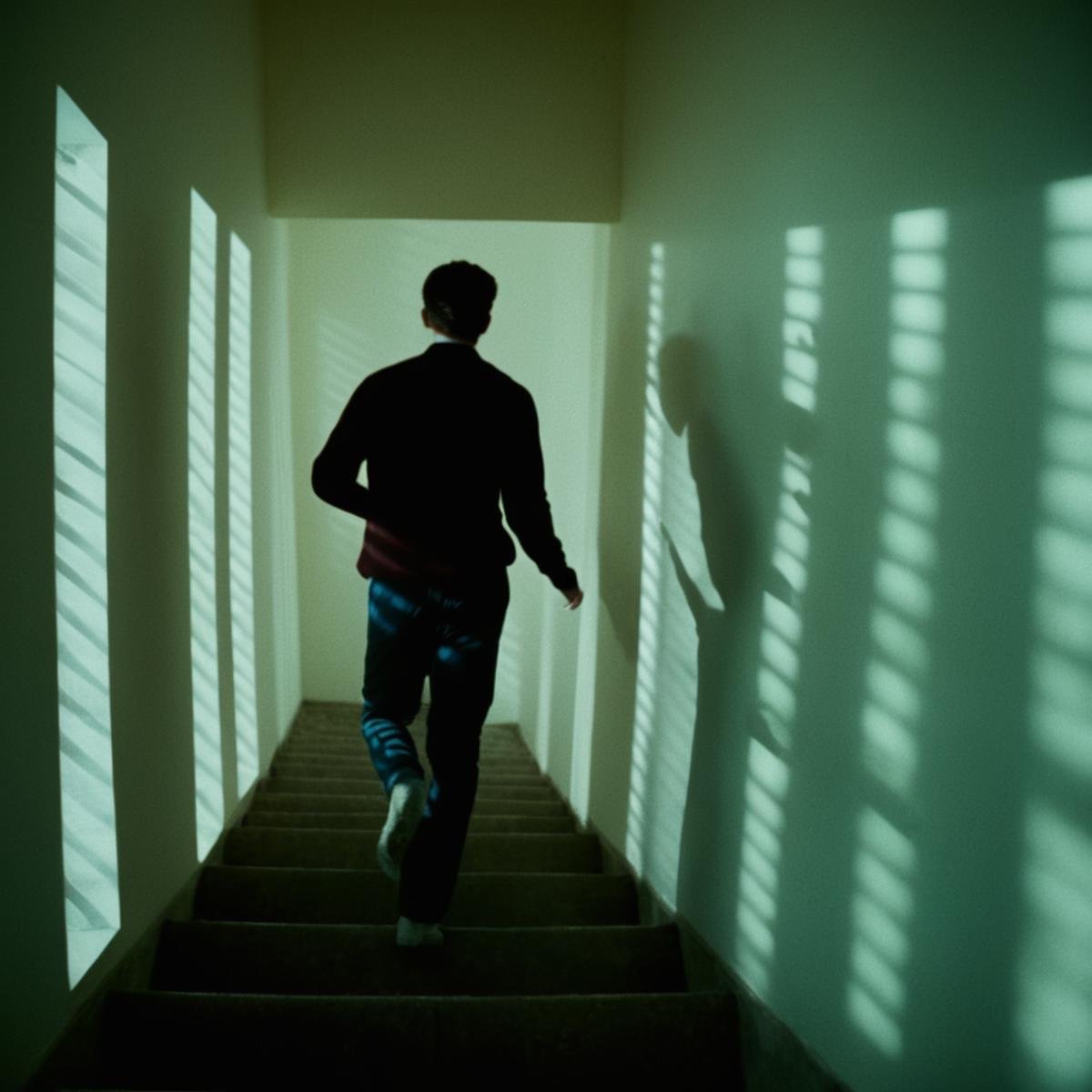 cinematic film still of  <lora:casting shadow style v2:1>A cucoloris patterned illumination casting a vertical window shadow on a person running down a set of stairs,solo,shirt,1boy,standing,male focus,pants,indoors,window,sunlight,scenery,stairs,cinematic,film,filmic,casting shadow,venetian blinds casting shadow light,shadow on face,face partially covered in shadow,different shadow,window casting shadow light,cinematography,detailed,detailed background,detailed face,high quality,8k,cuculoris,kookaloris,cookaloris or cucalorus,light modifier,different light pattern,creative light,unique shadow , casting shadow style, shallow depth of field, vignette, highly detailed, high budget, bokeh, cinemascope, moody, epic, gorgeous, film grain, grainy