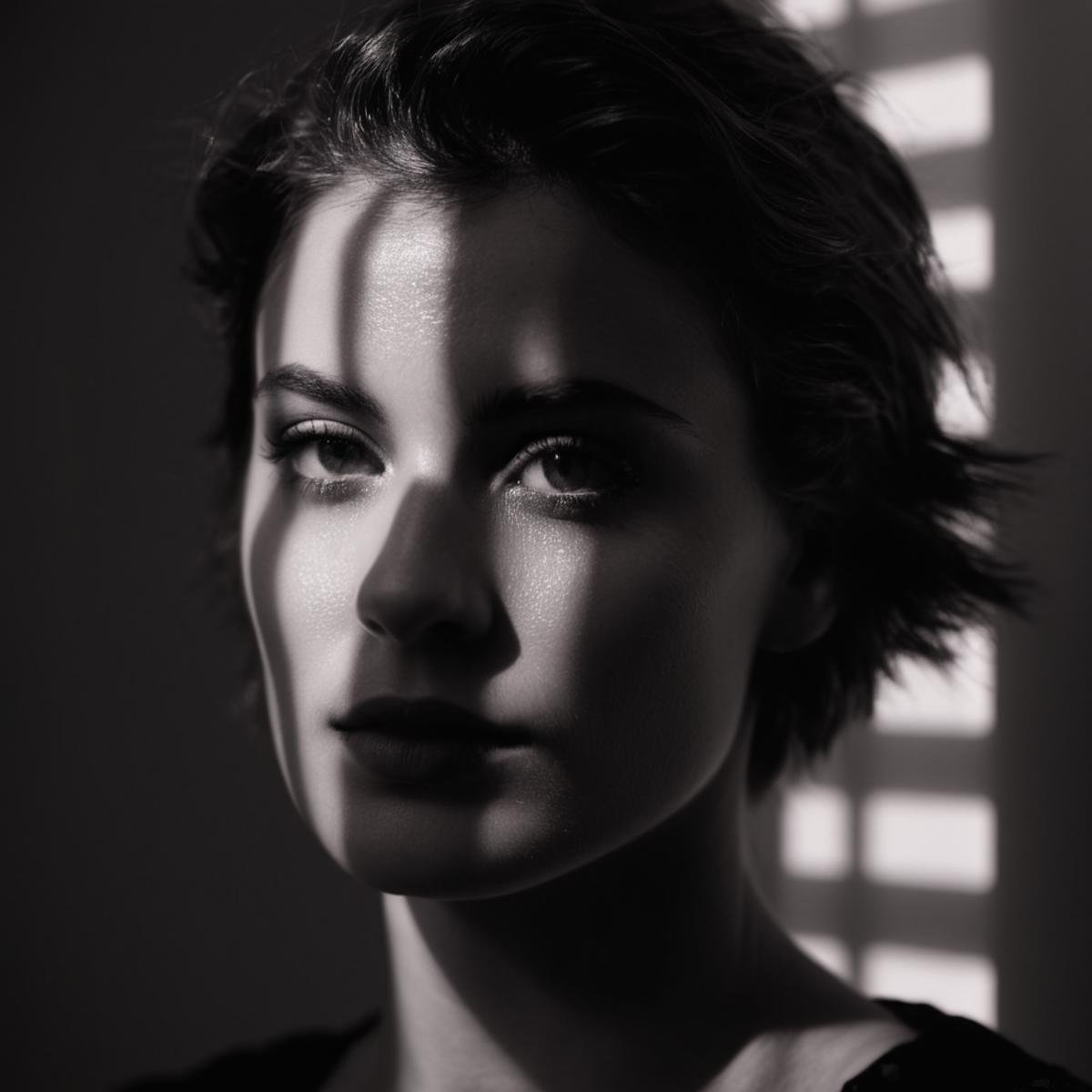 cinematic film still of  <lora:casting shadow style v2:1>A cucoloris patterned illumination casting a horizontal rectangle strip shadow on a woman with a horizontal shadow on her face,1girl,solo,looking at viewer,short hair,simple background,monochrome,upper body,greyscale,grey background,mole,hair over one eye,messy hair,portrait,cinematic,film,filmic,casting shadow,venetian blinds casting shadow light,shadow on face,face partially covered in shadow,different shadow,window casting shadow light,cinematography,detailed,detailed background,detailed face,high quality,8k,cuculoris,kookaloris,cookaloris or cucalorus,light modifier,different light pattern,creative light,unique shadow , casting shadow style, shallow depth of field, vignette, highly detailed, high budget, bokeh, cinemascope, moody, epic, gorgeous, film grain, grainy