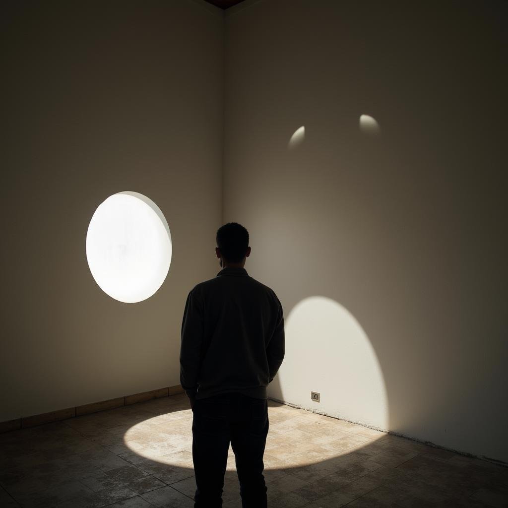 <lora:casting shadows style v1:1>a man staring at viewers in a room with circular shadow dotes casting shadows style 