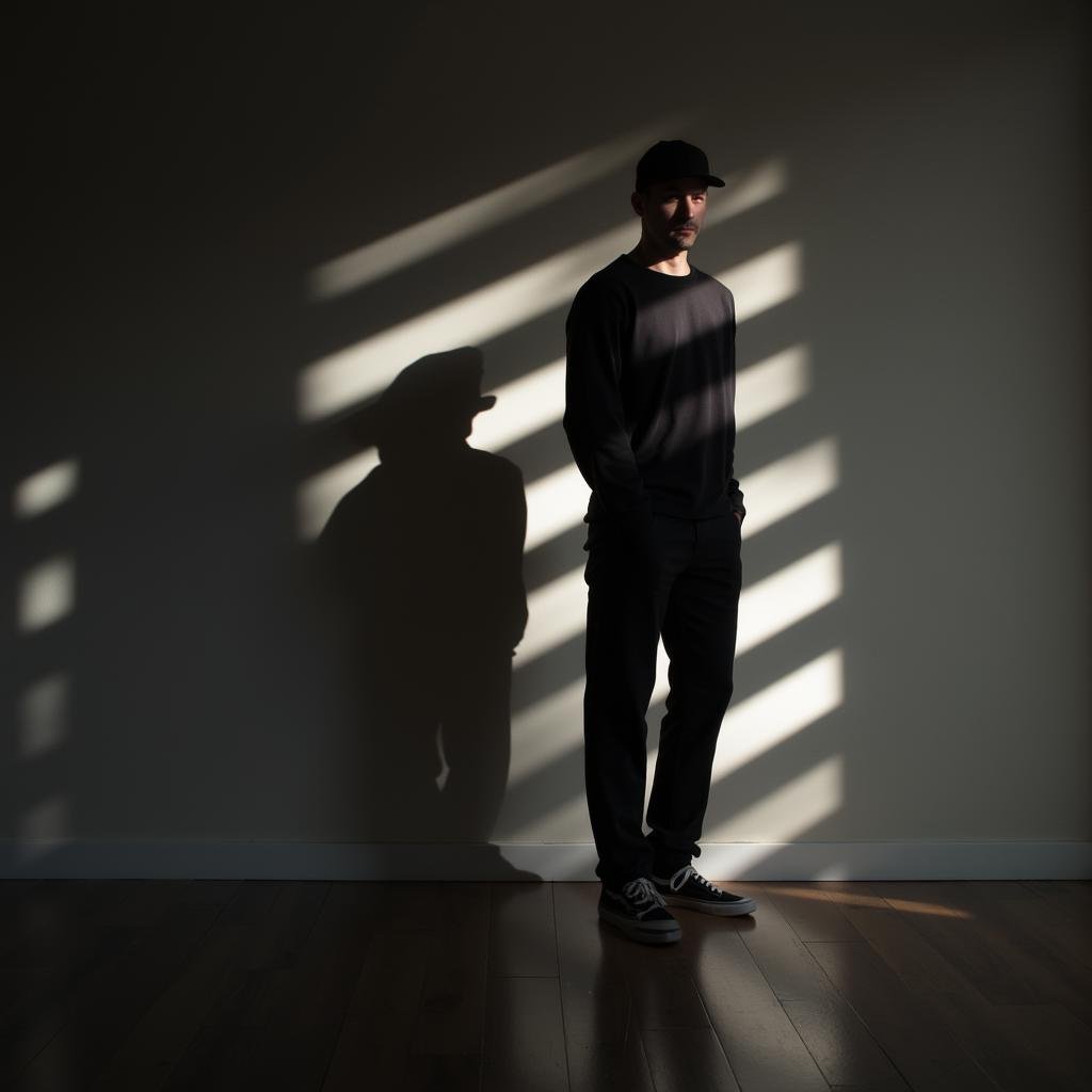 <lora:casting shadows style v1:1>a man staring at viewers in a room with horizontal shadow lines casting shadows style 