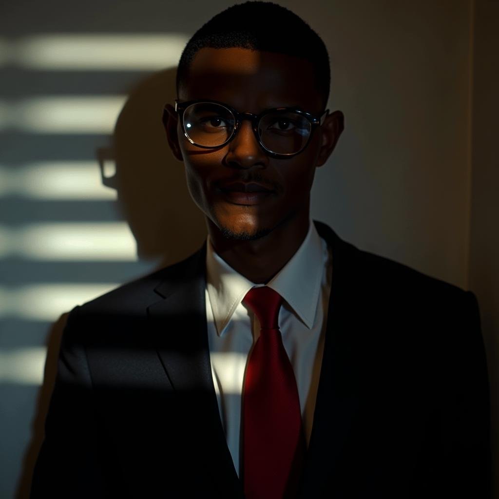 <lora:casting shadows style v1:1>cucoloris,  light modifier, casting shadows, A cucoloris patterned illumination casting a projector screen shadow on a man in a suit and tie standing in front of a wall, solo, looking at viewer, shirt, 1boy, jacket, white shirt, upper body, male focus, necktie, glasses, collared shirt, dark skin, black jacket, formal, dark-skinned male, suit, red necktie, black suit, cinematic, film, filmic, casting shadow, venetian blinds casting shadow light, shadow on face, face partially covered in shadow, different shadow, window casting shadow light, cinematography, detailed, detailed background, detailed face, high quality, 8k, cuculoris, kookaloris, cookaloris or cucalorus, light modifier, different light pattern, creative light, unique shadow, casting shadow style, a scene from a spy movie, short hair, blood, very short hair, pillarboxed