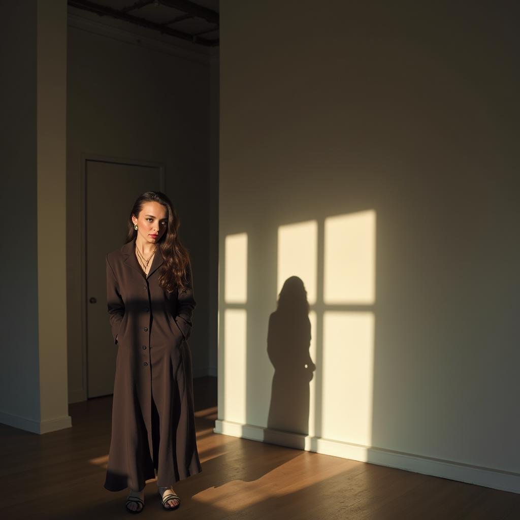 <lora:casting shadows style v1:1>a woman staring at viewers in a room with vertical shadow lines casting shadows style 