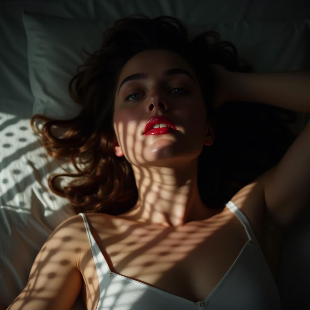 <lora:casting shadows style v1:1>cucoloris,  light modifier, casting shadows, From above, A cucoloris patterned illumination casting a window shadow on a red lips woman laying in bed with her head on her hands, 1girl, solo, blue eyes, lying, parted lips, on back, blurry, realistic, cinematic, film, filmic, casting shadow, venetian blinds casting shadow light, shadow on face, face partially covered in shadow, different shadow, window casting shadow light, cinematography, detailed, detailed background, detailed face, high quality, 8k, cuculoris, kookaloris, cookaloris or cucalorus, light modifier, different light pattern, creative light, unique shadow, casting shadow style, 1boy, male focus, lips, sunlight, dappled sunlight