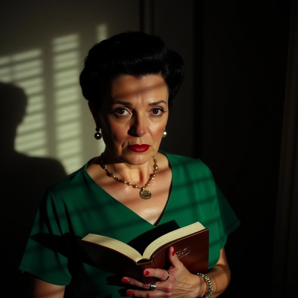 <lora:casting shadows style v1:1>cucoloris,  light modifier, casting shadows, A cucoloris patterned illumination casting a horizontal shadow on a 1950's old woman in a green dress holding a book, 1girl, solo, looking at viewer, short hair, black hair, holding, jewelry, earrings, indoors, nail polish, mole, blurry, black eyes, bracelet, lips, book, window, mole under mouth, red nails, realistic, cinematic, film, filmic, casting shadow, venetian blinds casting shadow light, shadow on face, face partially covered in shadow, different shadow, window casting shadow light, cinematography, detailed, detailed background, detailed face, high quality, 8k, cuculoris, kookaloris, cookaloris or cucalorus, light modifier, different light pattern, creative light, unique shadow, casting shadow style, upper body, necklace, fingernails, makeup, lipstick, blinds, blurry background, freckles