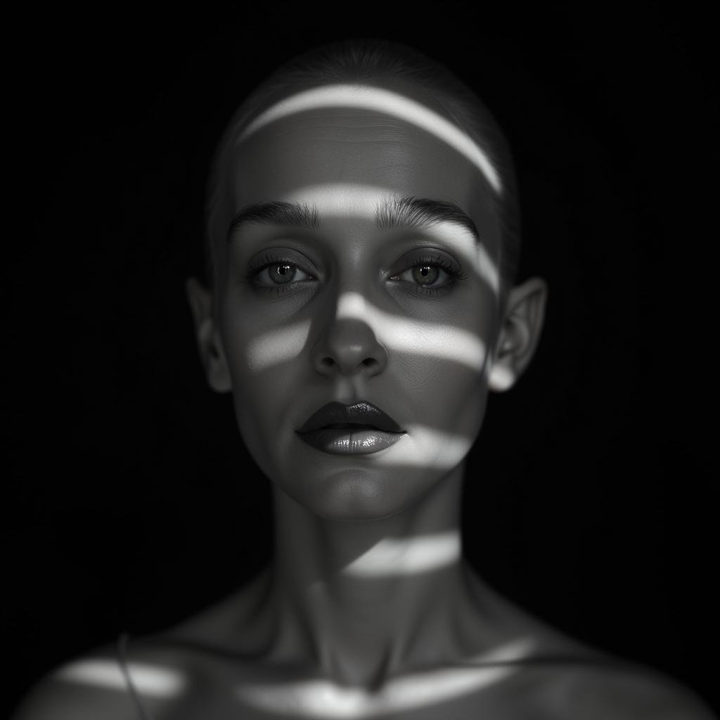 <lora:casting shadows style v1:1>cucoloris,  light modifier, casting shadows, A cucoloris patterned illumination casting a unique custom circular shape shadow on a woman with polka dots on her face, 1girl, solo, looking at viewer, simple background, closed mouth, monochrome, greyscale, lips, shadow, black background, portrait, realistic, dark, cinematic, film, filmic, casting shadow, venetian blinds casting shadow light, shadow on face, face partially covered in shadow, different shadow, window casting shadow light, cinematography, detailed, detailed background, detailed face, high quality, 8k, cuculoris, kookaloris, cookaloris or cucalorus, light modifier, different light pattern, creative light, unique shadow, casting shadow style, 1boy, male focus, bald, alien