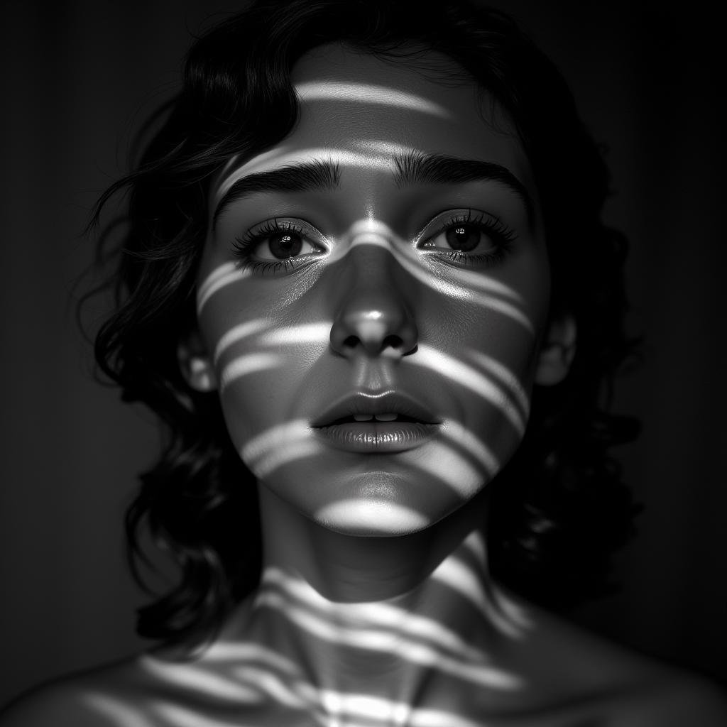 <lora:casting shadows style v1:1>cucoloris,  light modifier, casting shadows, A cucoloris patterned illumination casting a tree branch shadow on a teary young vintage woman with a veil on her head, 1girl, solo, looking at viewer, closed mouth, monochrome, greyscale, tears, lips, crying, portrait, veil, crying with eyes open, realistic, cinematic, film, filmic, casting shadow, venetian blinds casting shadow light, shadow on face, face partially covered in shadow, different shadow, window casting shadow light, cinematography, detailed, detailed background, detailed face, high quality, 8k, cuculoris, kookaloris, cookaloris or cucalorus, light modifier, different light pattern, creative light, unique shadow, casting shadow style, 1boy, jewelry, male focus, closeup