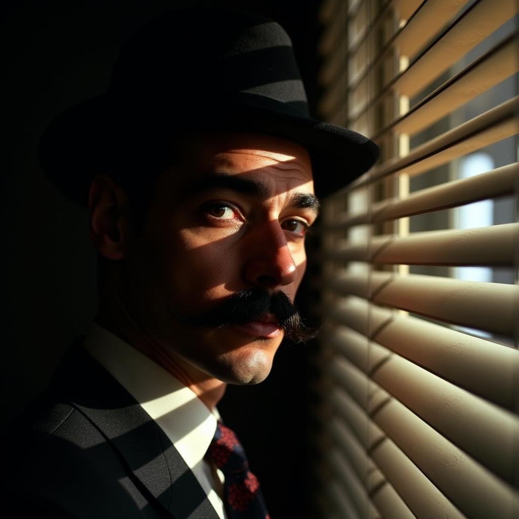 <lora:casting shadows style v1:1>cucoloris,  light modifier, casting shadows, A cucoloris patterned illumination casting a horizontal  shadow on a man with a 1950's mustache and a moustache stares out of a window, solo, looking at viewer, black hair, 1boy, hat, male focus, facial hair, parody, realistic, mustache, cinematic, film, filmic, casting shadow, venetian blinds casting shadow light, shadow on face, face partially covered in shadow, different shadow, window casting shadow light, cinematography, detailed, detailed background, detailed face, high quality, 8k, cuculoris, kookaloris, cookaloris or cucalorus, light modifier, different light pattern, creative light, unique shadow, casting shadow style, necktie, dark skin, black eyes, fake screenshot, dark-skinned male, suit