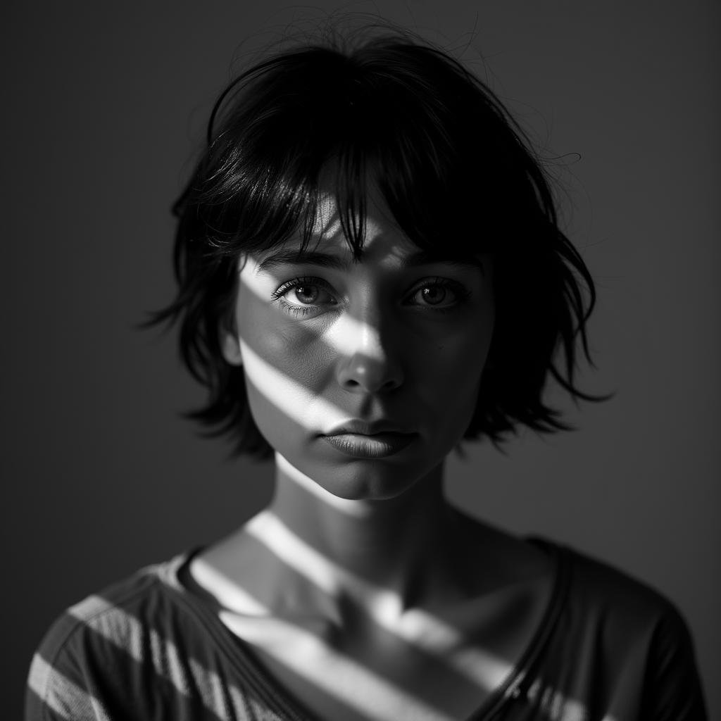 <lora:casting shadows style v1:1>cucoloris,  light modifier, casting shadows, A cucoloris patterned illumination casting a horizontal rectangle strip shadow on a woman with a horizontal shadow on her face, 1girl, solo, looking at viewer, short hair, simple background, monochrome, upper body, greyscale, grey background, mole, hair over one eye, messy hair, portrait, cinematic, film, filmic, casting shadow, venetian blinds casting shadow light, shadow on face, face partially covered in shadow, different shadow, window casting shadow light, cinematography, detailed, detailed background, detailed face, high quality, 8k, cuculoris, kookaloris, cookaloris or cucalorus, light modifier, different light pattern, creative light, unique shadow, casting shadow style, shadow, long hair