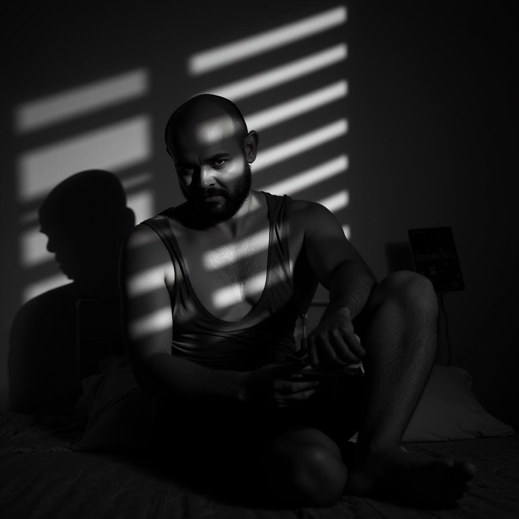 <lora:casting shadows style v1:1>cucoloris,  light modifier, casting shadows, A cucoloris patterned illumination casting a diagonal shadows on a woman sitting on a bed with a phone, solo, looking at viewer, gloves, 1boy, sitting, monochrome, greyscale, male focus, indoors, bald, cinematic, film, filmic, casting shadow, venetian blinds casting shadow light, shadow on face, face partially covered in shadow, different shadow, window casting shadow light, cinematography, detailed, detailed background, detailed face, high quality, 8k, cuculoris, kookaloris, cookaloris or cucalorus, light modifier, different light pattern, creative light, unique shadow, casting shadow style, a scene from film noir movie, holding, facial hair, blurry, mask, realistic