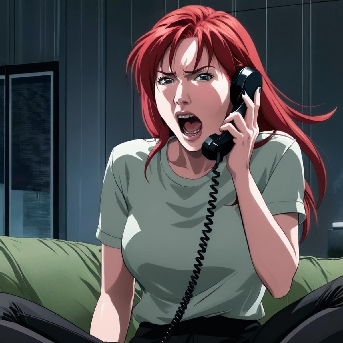 concept art of  <lora:anime manga girl style:1.2>a screaming shouting woman with red hair while talking on a cordless phone inside a dark living room anime manga girl style, digital artwork, illustrative, painterly, matte painting, highly detailed