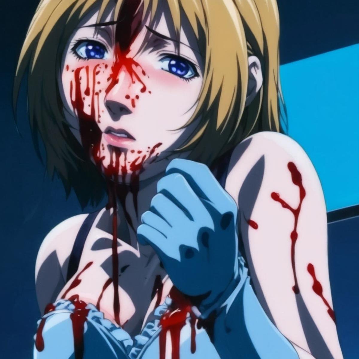 anime artwork of  <lora:anime manga girl style:1.2>a person standing in a dark room in a blue background with bloody hand covered in blood in foreground anime manga girl style, anime style, key visual, vibrant, studio anime,  highly detailed