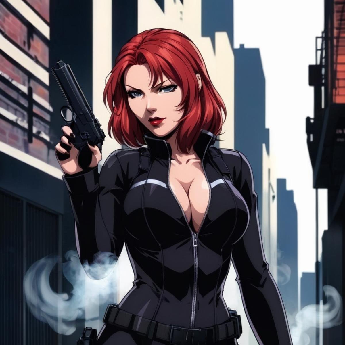 anime artwork of  <lora:anime manga girl style:1.2>a red hair serious looking woman in a perfect black widow suit standing in a dark alley with two hand_guns and smoke in background anime manga girl style, anime style, key visual, vibrant, studio anime,  highly detailed