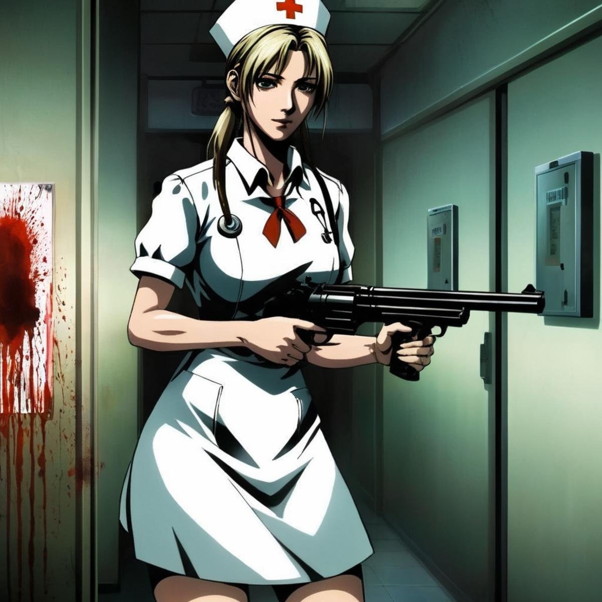 anime artwork of  <lora:anime manga girl style:1.2>a creepy female creature woman in a white nurse dress holding a revolver_gun inside a dark bloody hospital room in silent_hill anime manga girl style, anime style, key visual, vibrant, studio anime,  highly detailed