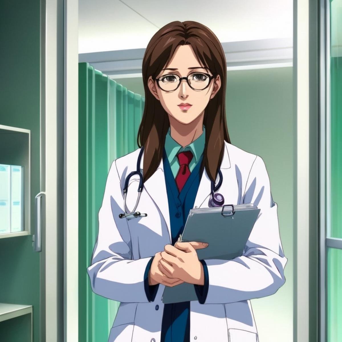 anime artwork of  <lora:anime manga girl style:1.2>a Dr. woman with glasses and a white coat in a hospital room anime manga girl style, anime style, key visual, vibrant, studio anime,  highly detailed