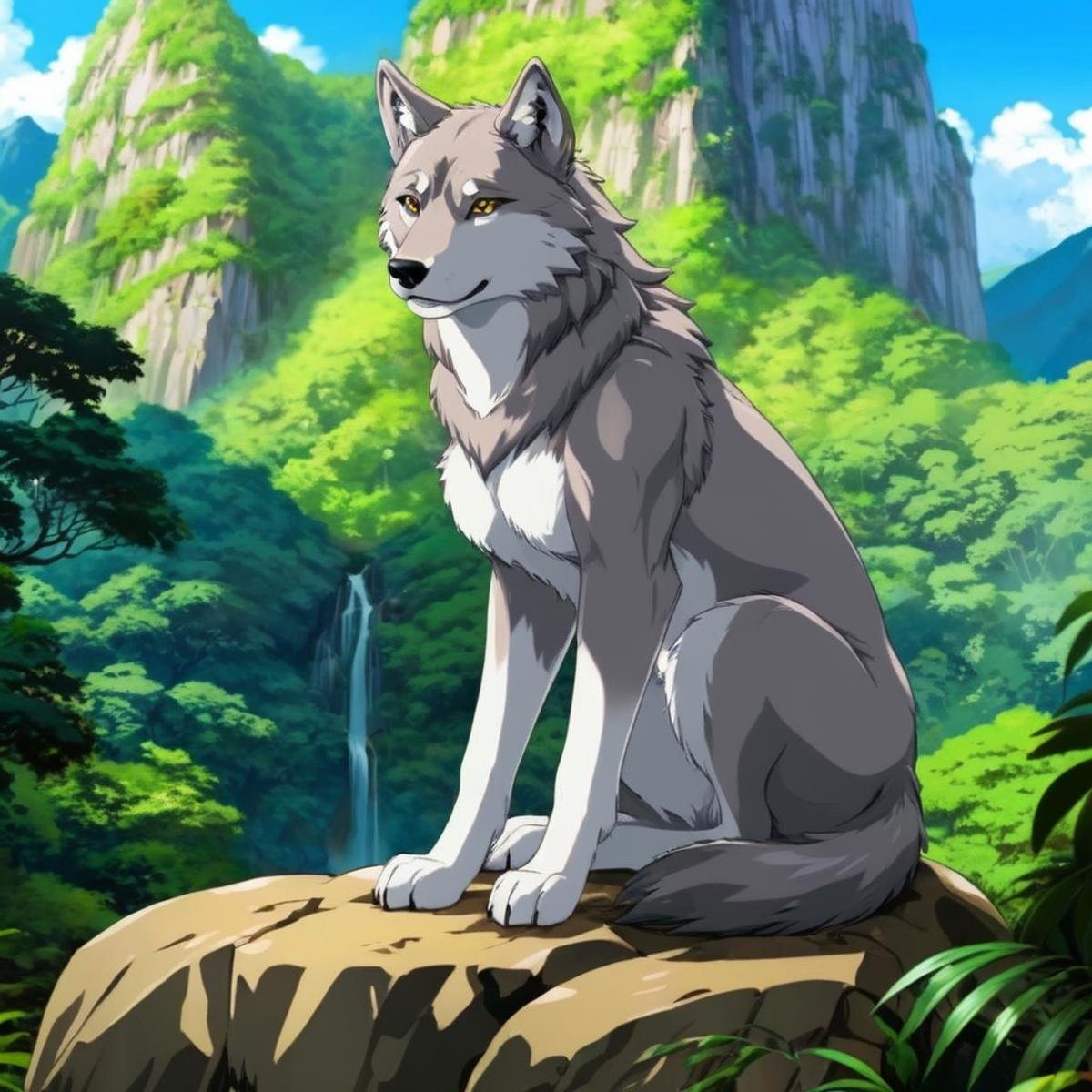 anime artwork of  <lora:anime manga girl style:1.2>a painting of a Anthropomorphism female wolf sitting on a rock with a perfect naked body inside forest jungle with large mountains in background anime manga girl style, anime style, key visual, vibrant, studio anime,  highly detailed