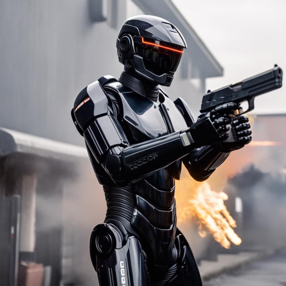 <lora:Kodak Motion Picture Film:1.2>  (Sharp Detailed Image)An Oscar winning movie for Best Cinematography robocop a cyborg man in a black suit aiming a gun pistol Kodak Motion Picture Film Style