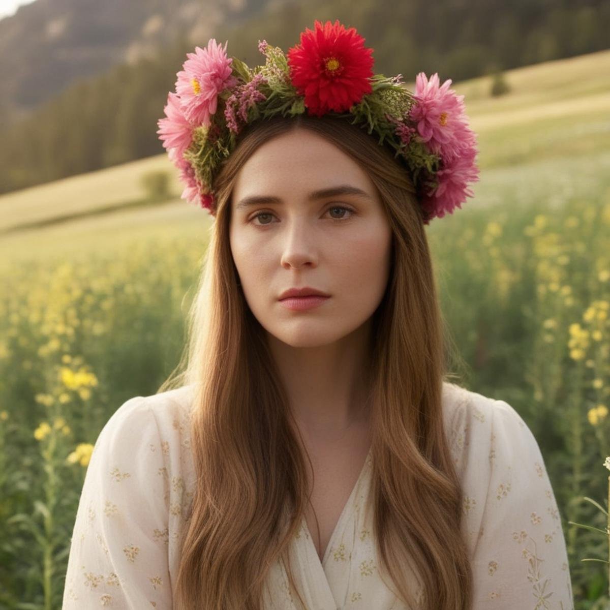 <lora:Kodak Motion Picture Film:1.2>  (Sharp Detailed Image)An Oscar winning movie for Best Cinematography a low angle shot of a woman with a flower crown on her head staring at camera Kodak Motion Picture Film Style