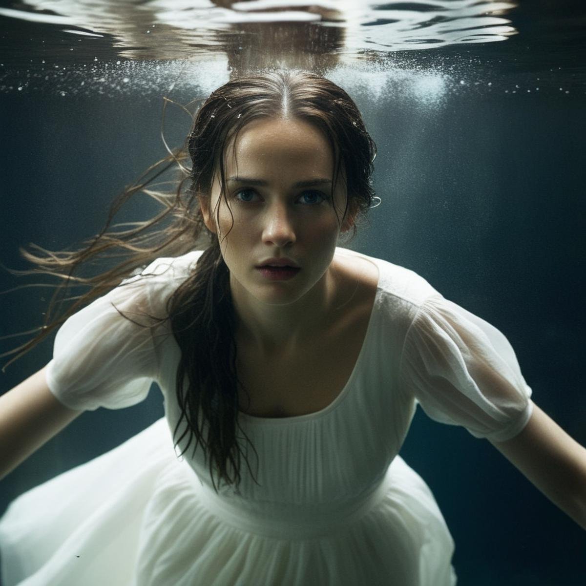 Dark Fantasy Art of <lora:Kodak Motion Picture Film:1.2>  (Sharp Detailed Image)An Oscar winning movie for Best Cinematography a woman in a white dress is under water with dark background Kodak Motion Picture Film Style, dark, moody, dark fantasy style